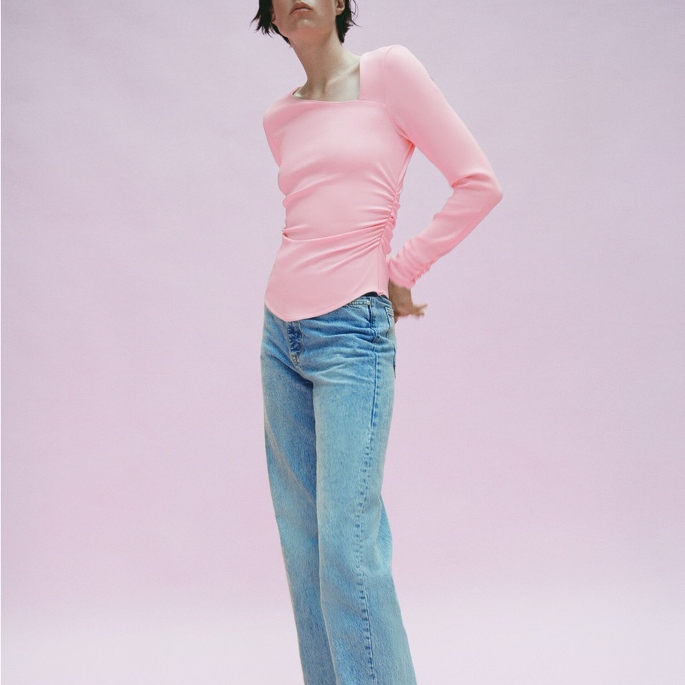 Zara Pink Long Sleeve Asymmetrical Neckline Top NWT